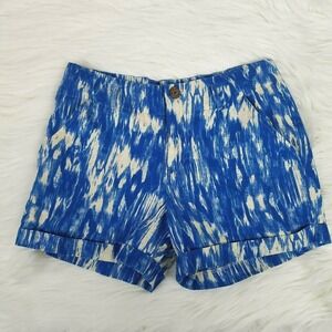 Womens Linen Blend Ikat Shorts 4 Blue Ivory Beachy Vacation Coastal Resort Boho